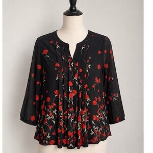 Sirenlily Petites Black Red Floral Mesh Blouse 3/4 Sleeve Split Neck Top PM